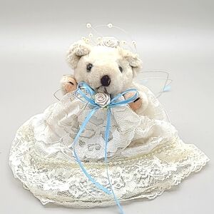 Vintage Angel Teddy Bear with Blue Ribbon & Lace Dress